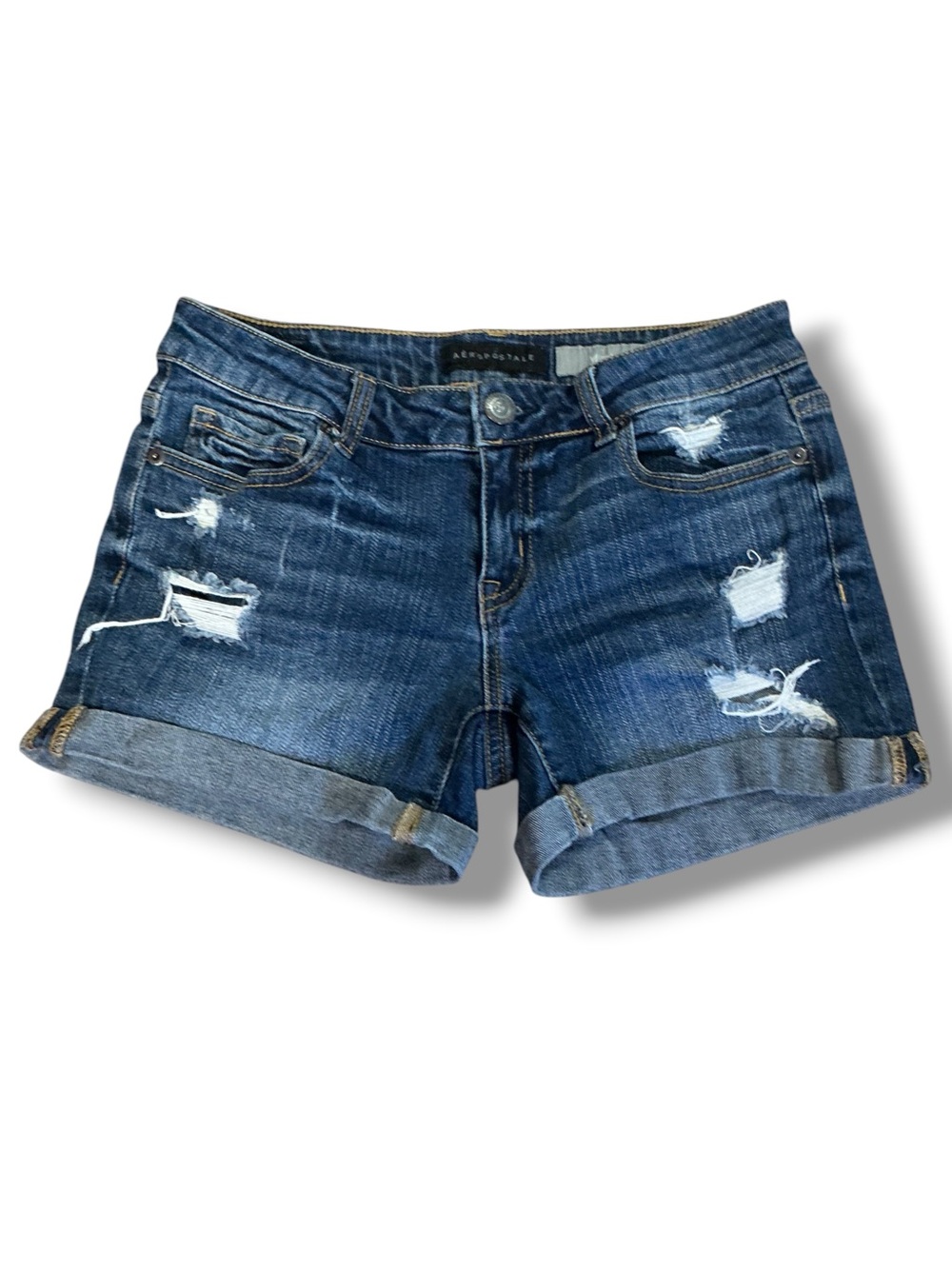 Aeropostale Rolled Cuff Distressed Denim Midi Jean Shorts